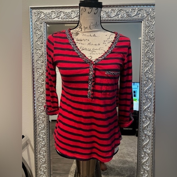 Anthropologie Tops - Anthropologie Postmark red and blue stripe floral trim henley top, size medium